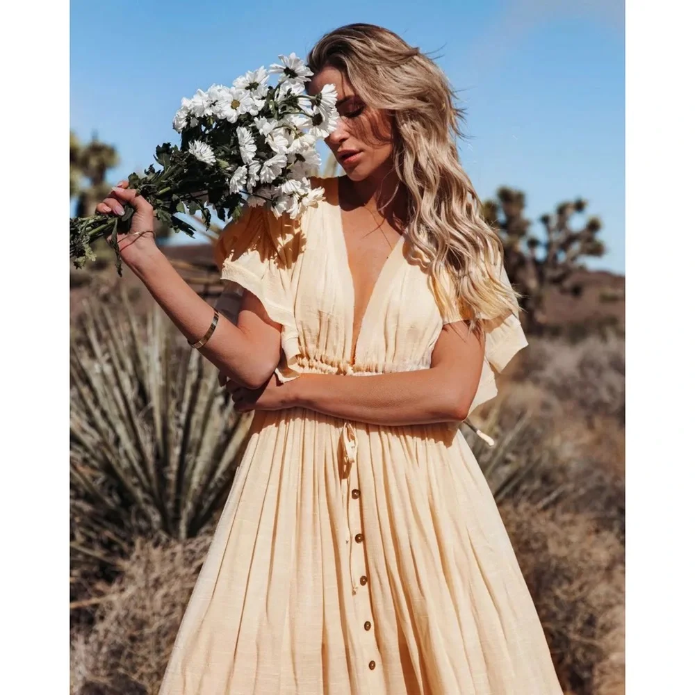 SOLD OUT Cream Gauze Boho Raw Hem Button Maxi Dress - Picture 4 of 11